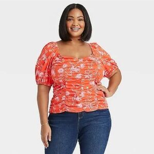 🆕👕Ava & Viv Orange Floral Puff Short Sleeve Blouse